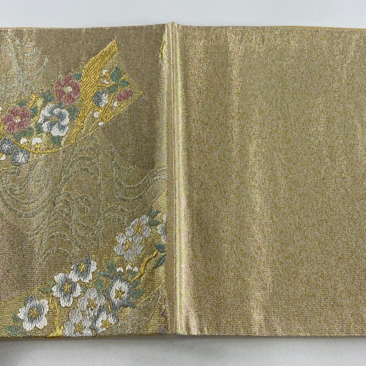 【美品】 袋帶 秀品級 花鳥 流水 金金箔 金銀彩 金色 六通 純蠶絲