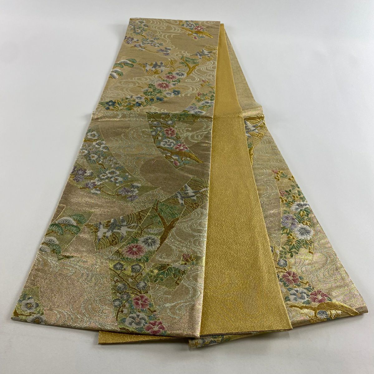 【美品】 袋帶 秀品級 花鳥 流水 金金箔 金銀彩 金色 六通 純蠶絲