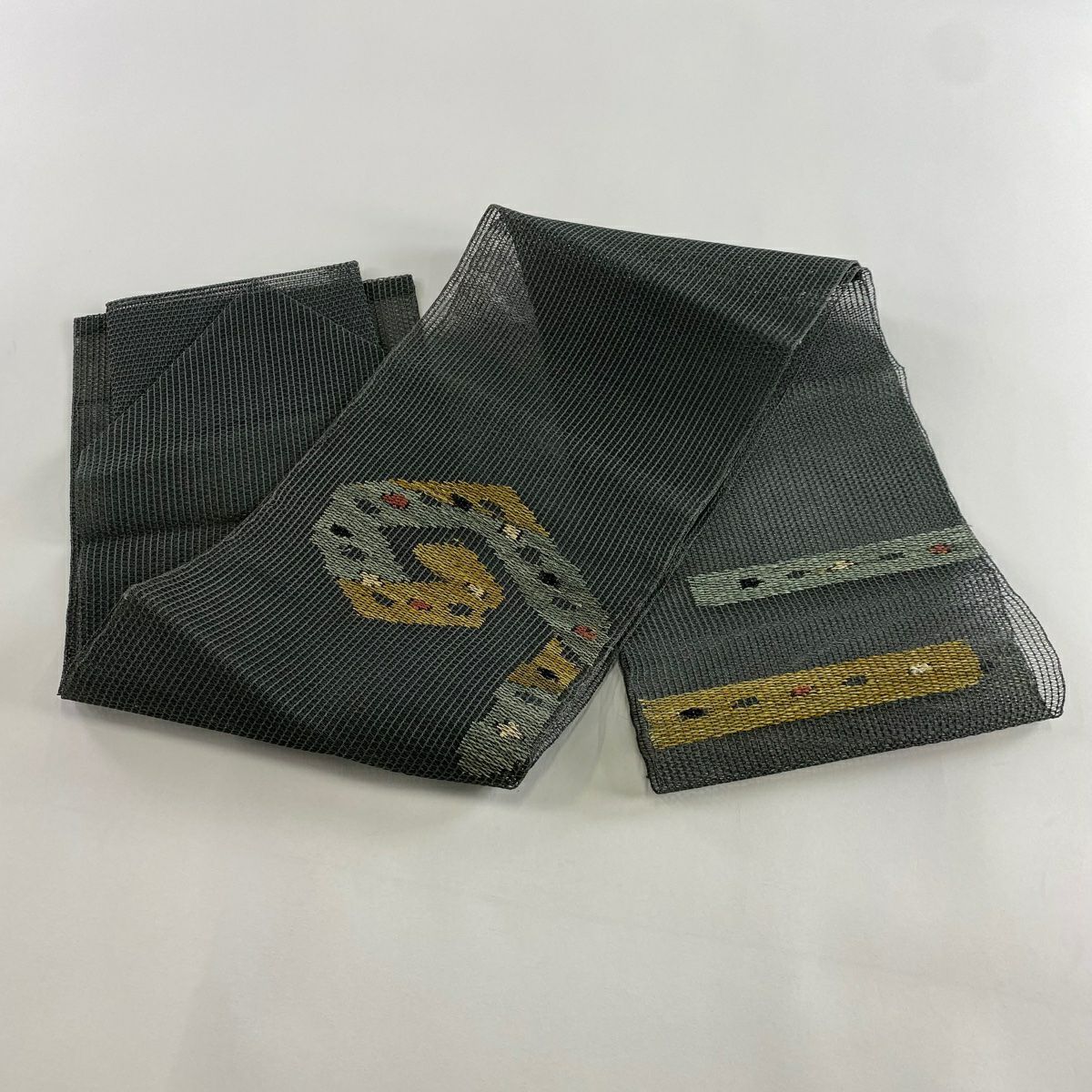名古屋帶 秀品級 夏帶 松樹葉仕立 八寸名古屋帶 隧道仕立 幾何學 灰綠 純蠶絲