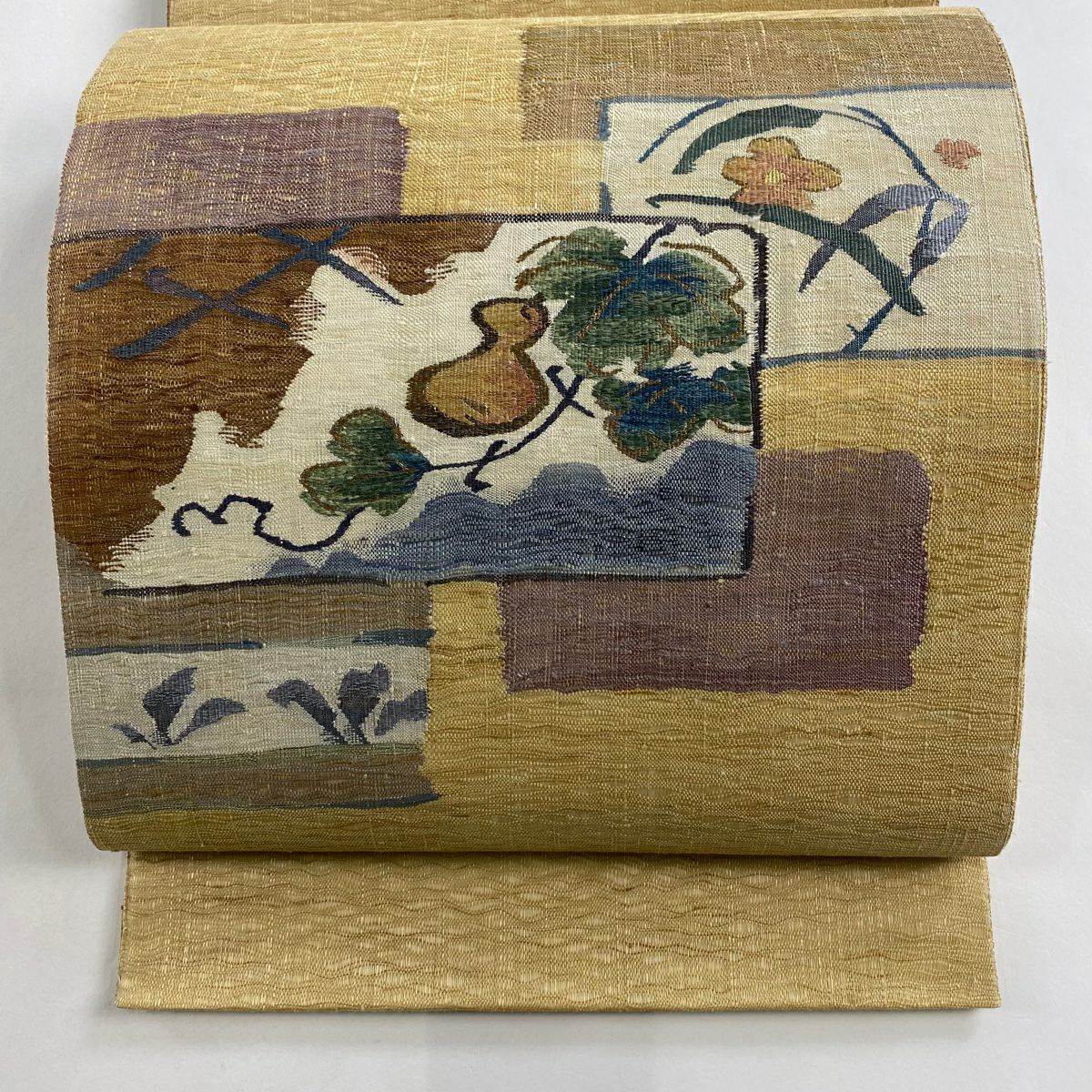 【美品】 袋帶 秀品級 瓢箪 草花紋 金糸 米色 お太鼓柄 純蠶絲