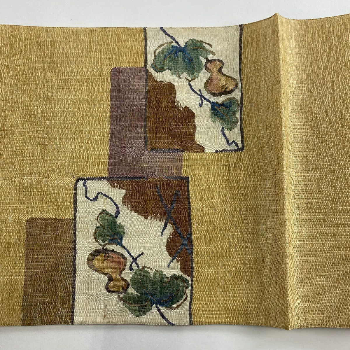 【美品】 袋帶 秀品級 瓢箪 草花紋 金糸 米色 お太鼓柄 純蠶絲