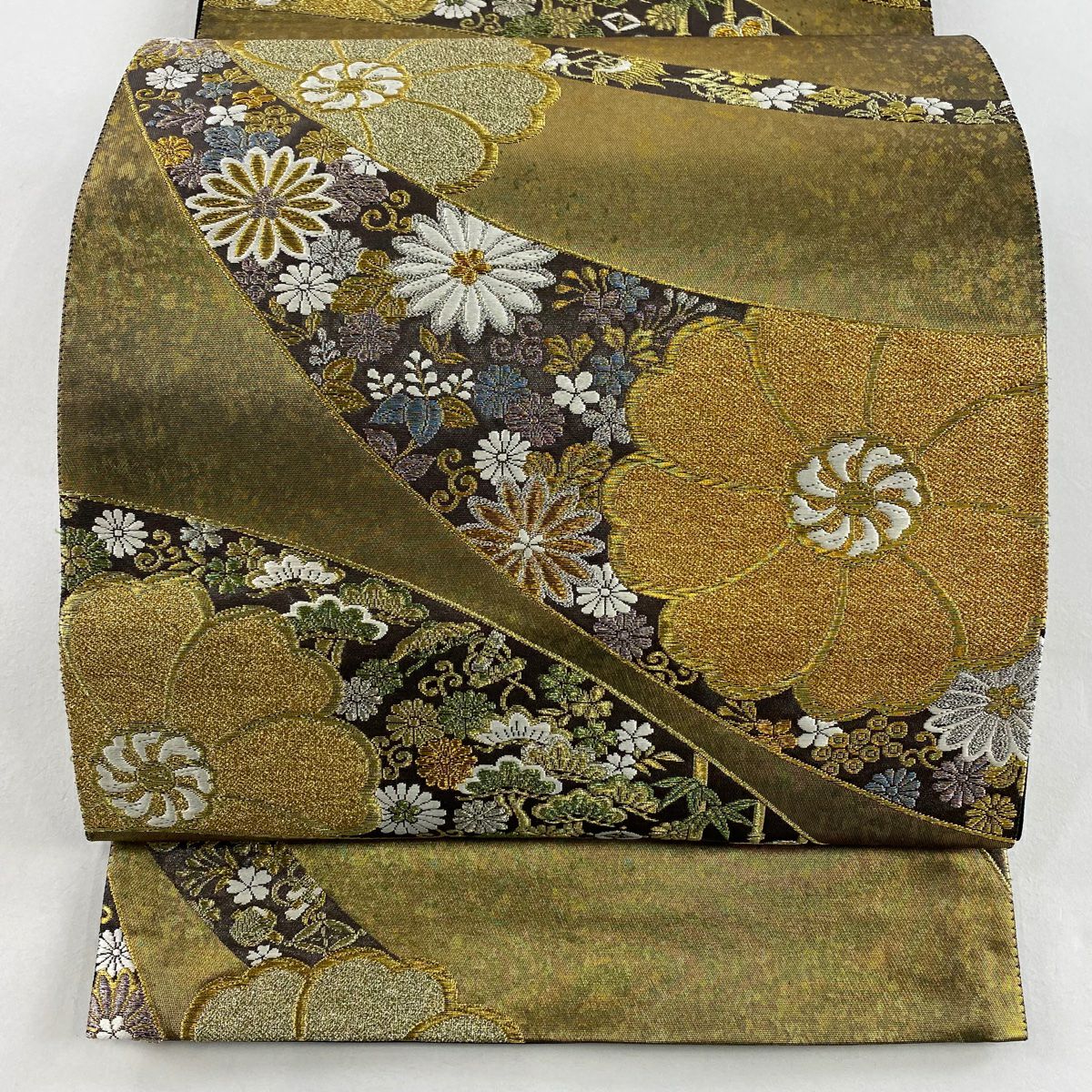 【美品】 袋帶 秀品級 青銅金金箔 松樹竹子梅花 菊花 金銀絲 金金箔 金茶 六通 純蠶絲