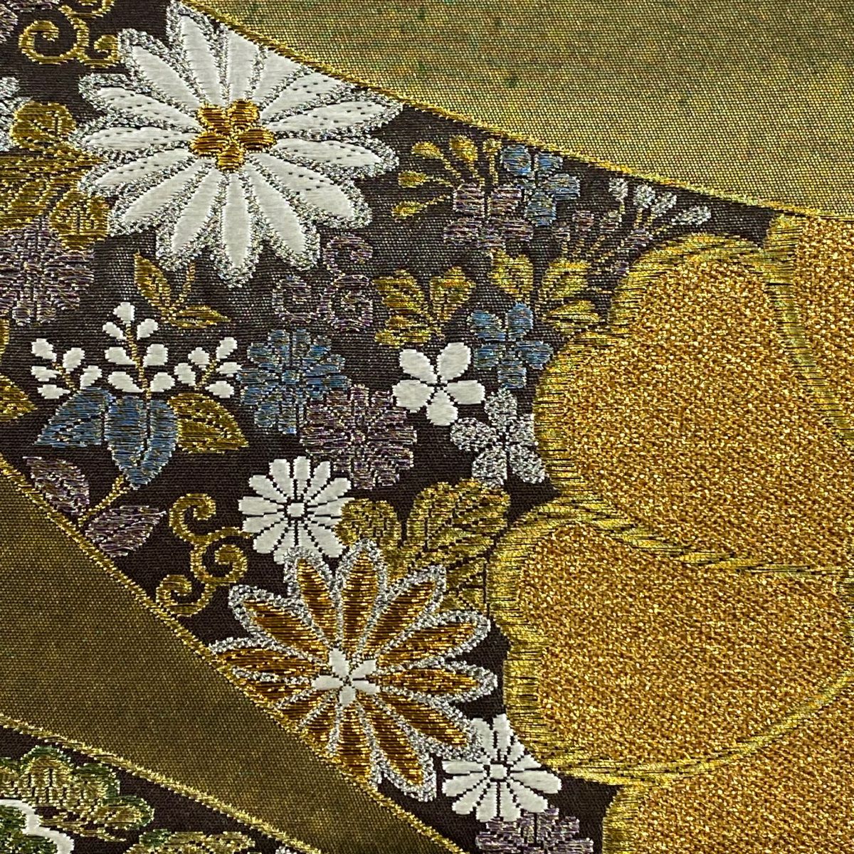 【美品】 袋帶 秀品級 青銅金金箔 松樹竹子梅花 菊花 金銀絲 金金箔 金茶 六通 純蠶絲