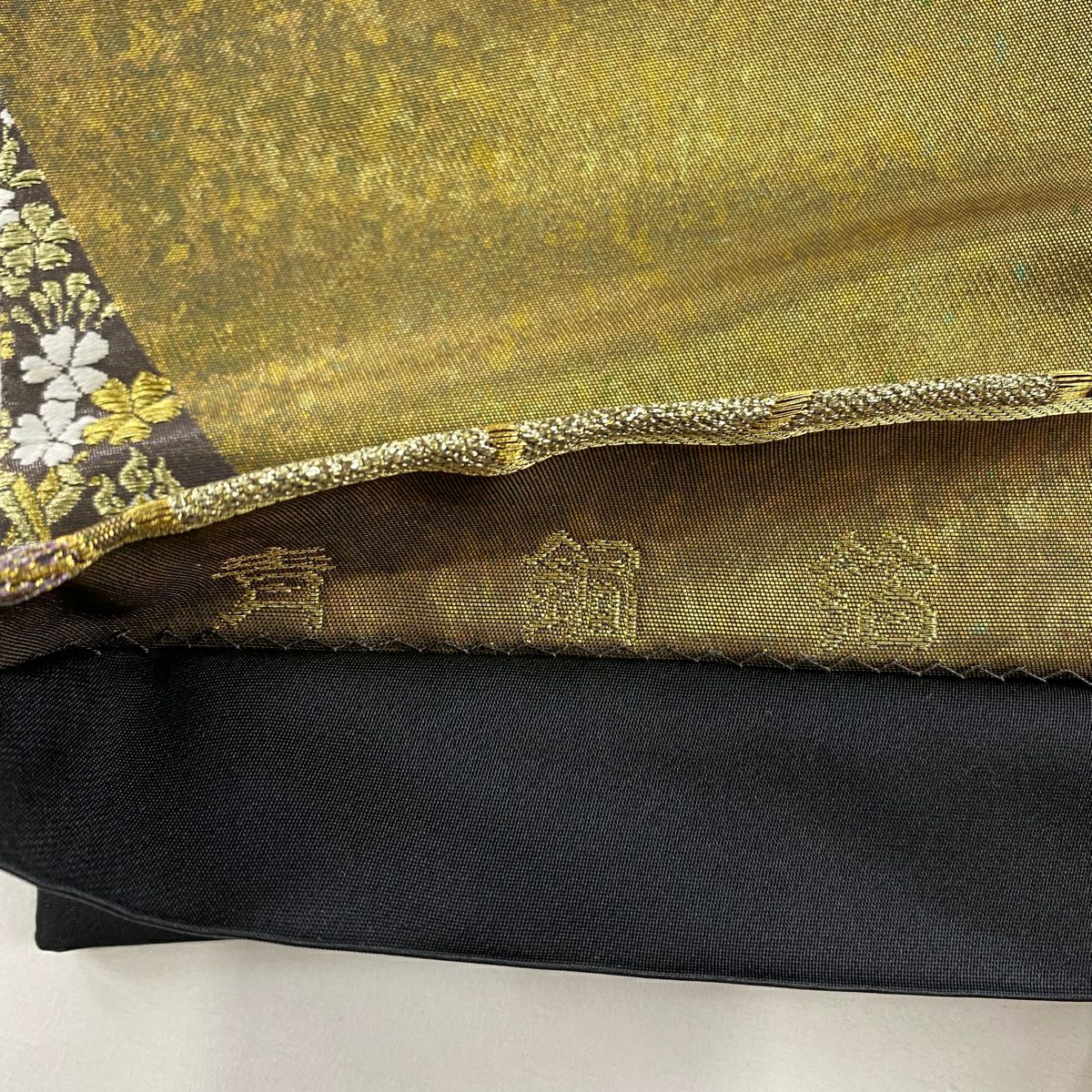 【美品】 袋帶 秀品級 青銅金金箔 松樹竹子梅花 菊花 金銀絲 金金箔 金茶 六通 純蠶絲