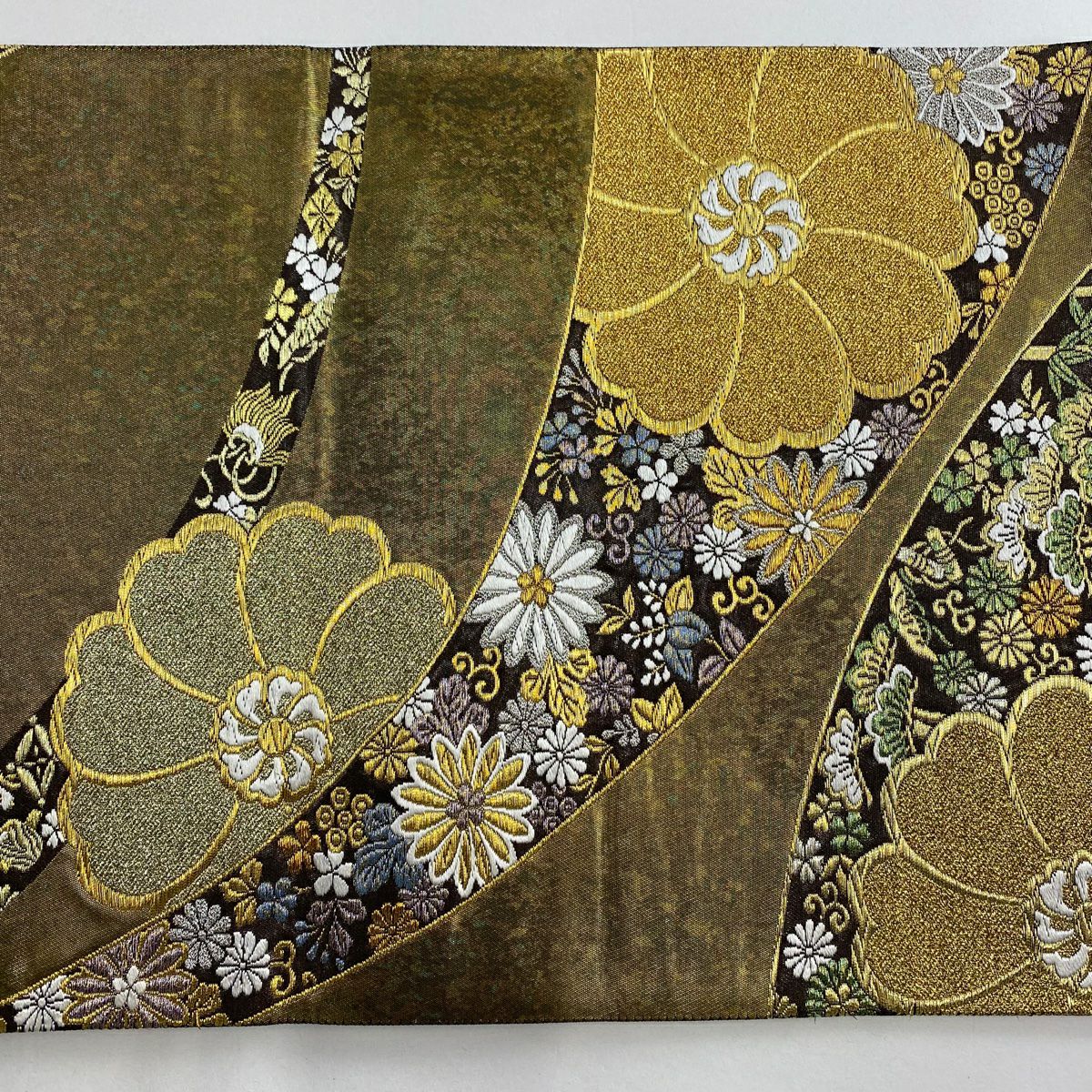 【美品】 袋帶 秀品級 青銅金金箔 松樹竹子梅花 菊花 金銀絲 金金箔 金茶 六通 純蠶絲