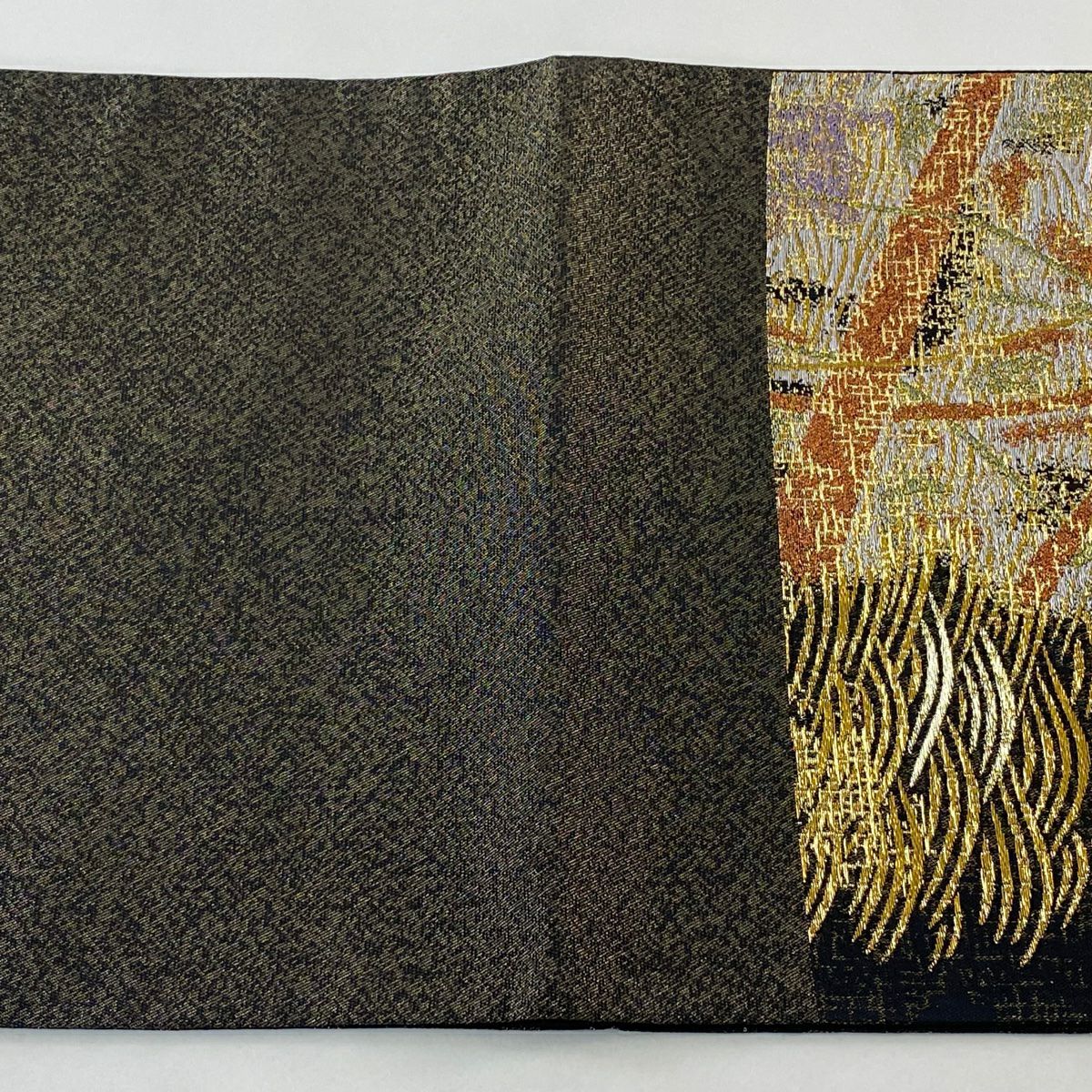 【美品】 袋帶 秀品級 波 幾何學圖案 金金箔 黑 六通 純蠶絲