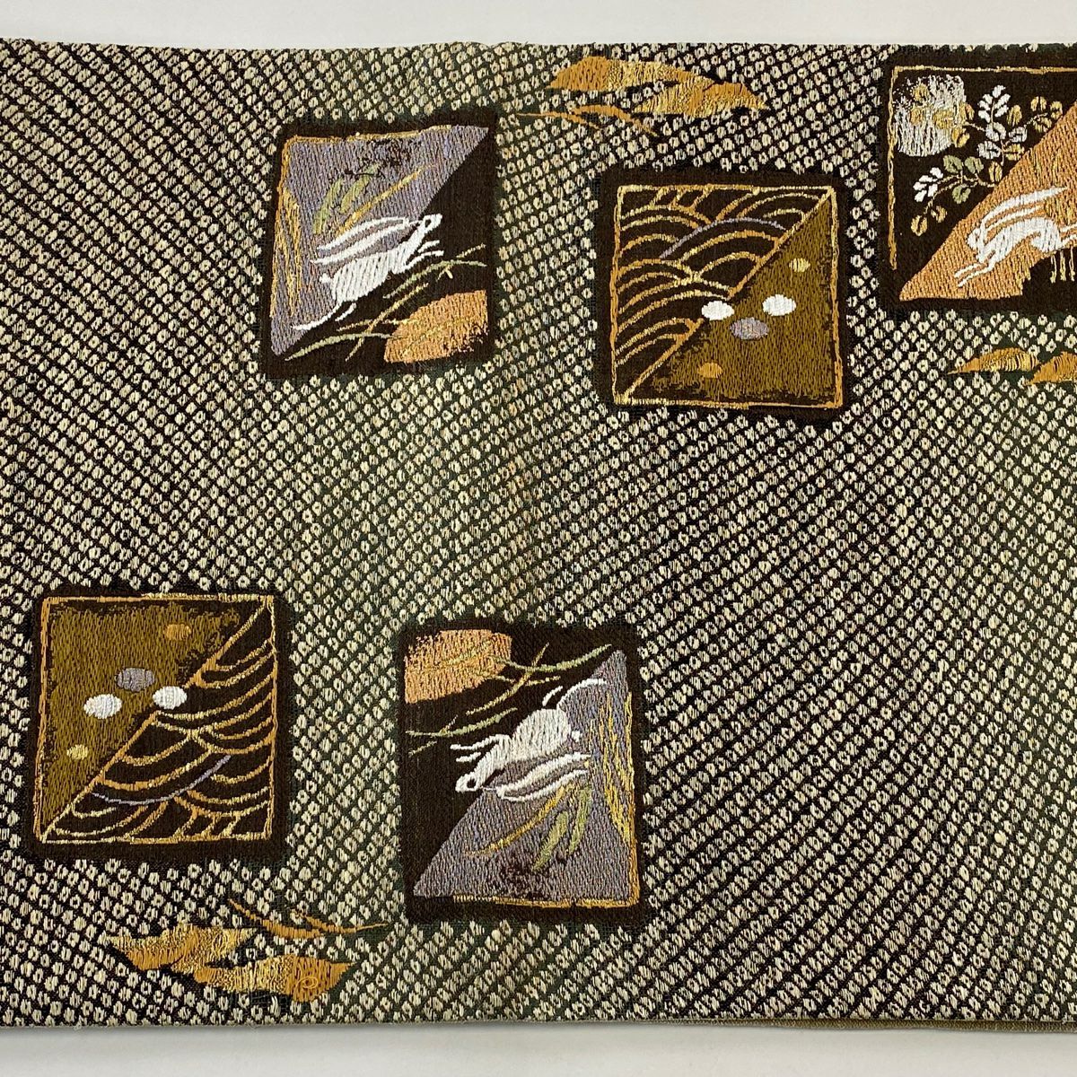 【庫存清倉】 【美品】 袋帶 名品級 兔子 疋田 金金箔 拉麵線 淺茶 金銀彩 正蠶絲