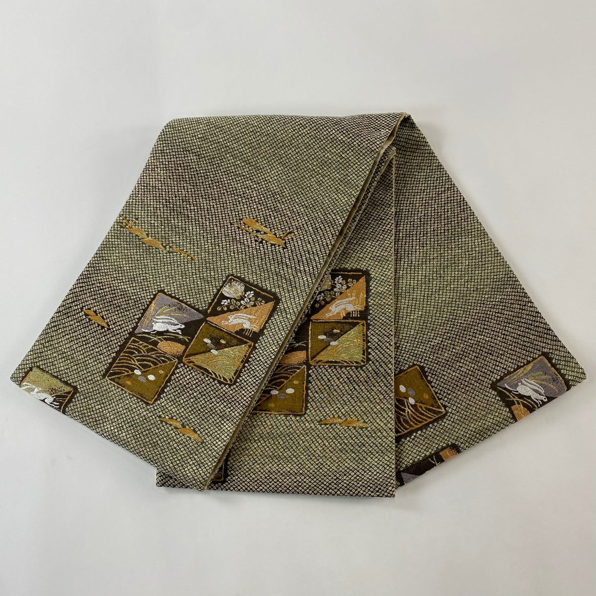 【庫存清倉】 【美品】 袋帶 名品級 兔子 疋田 金金箔 拉麵線 淺茶 金銀彩 正蠶絲