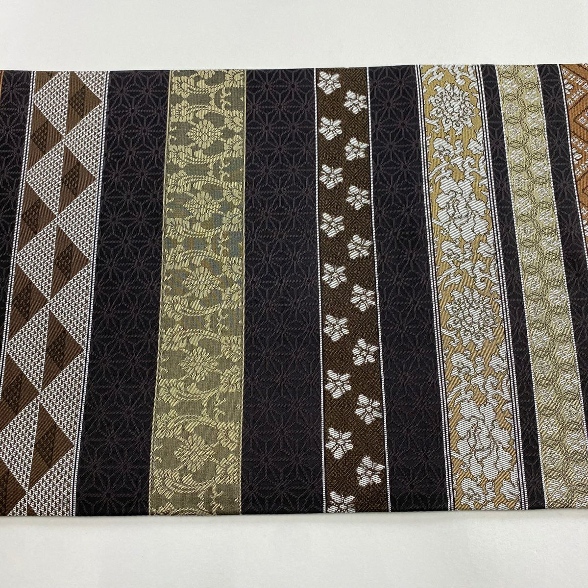 【清倉特賣】 【美品】 袋帶 名品級 段紋 草花紋紋 焦茶 深藍 六通 純蠶絲
