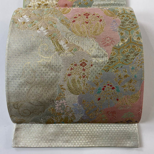 【清倉特賣】 【美品】 袋帶 名品級 證書齊全 道長取 龜甲 金銀線 金金箔 銀色 六通 純蠶絲