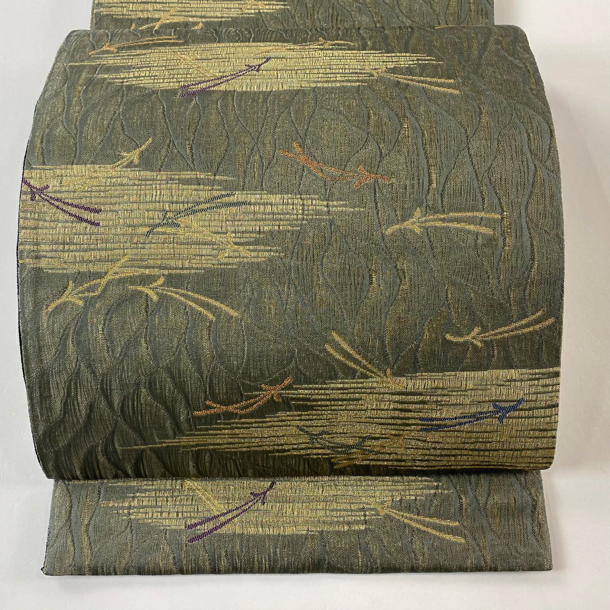 【庫存清倉】 【美品】 袋帶 名品級 松樹葉 霞 金糸 金金箔 灰綠 六通 純蠶絲