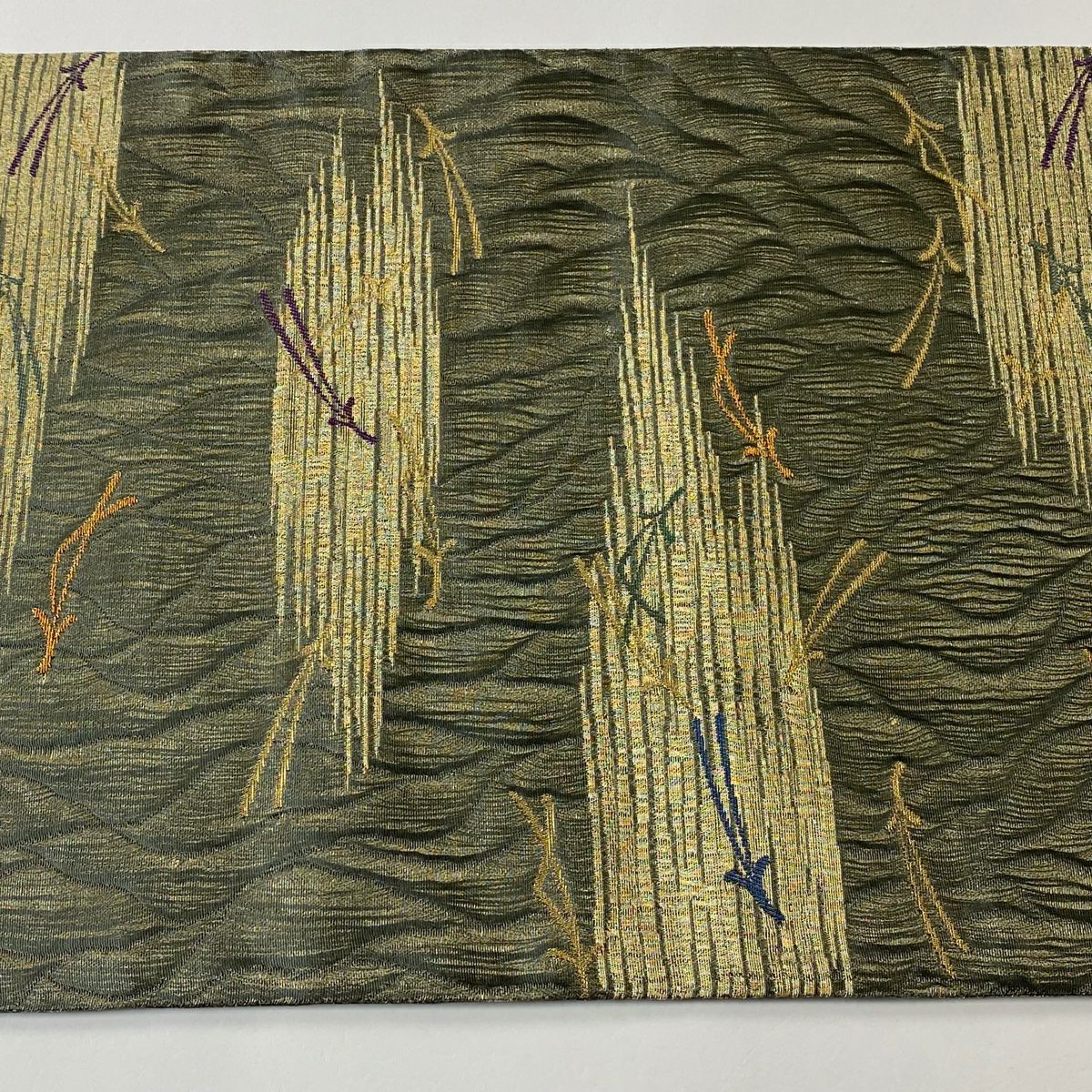 【庫存清倉】 【美品】 袋帶 名品級 松樹葉 霞 金糸 金金箔 灰綠 六通 純蠶絲