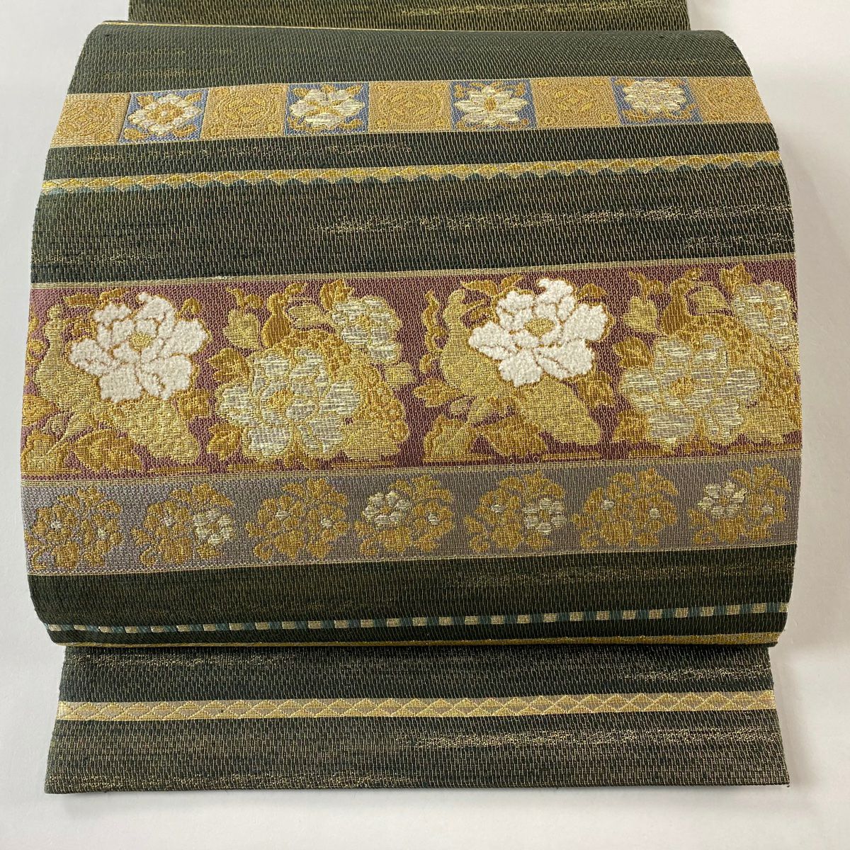【庫存清倉】 【美品】 袋帶 名品級 花唐草紋 縞 金絲 茶綠 六通 純蠶絲