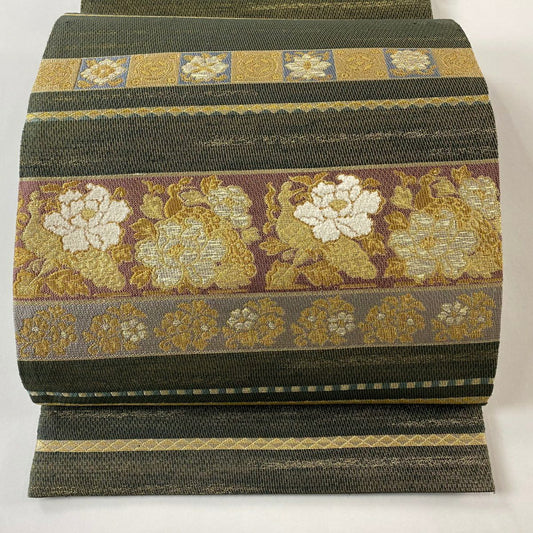 【庫存清倉】 【美品】 袋帶 名品級 花唐草紋 縞 金絲 茶綠 六通 純蠶絲