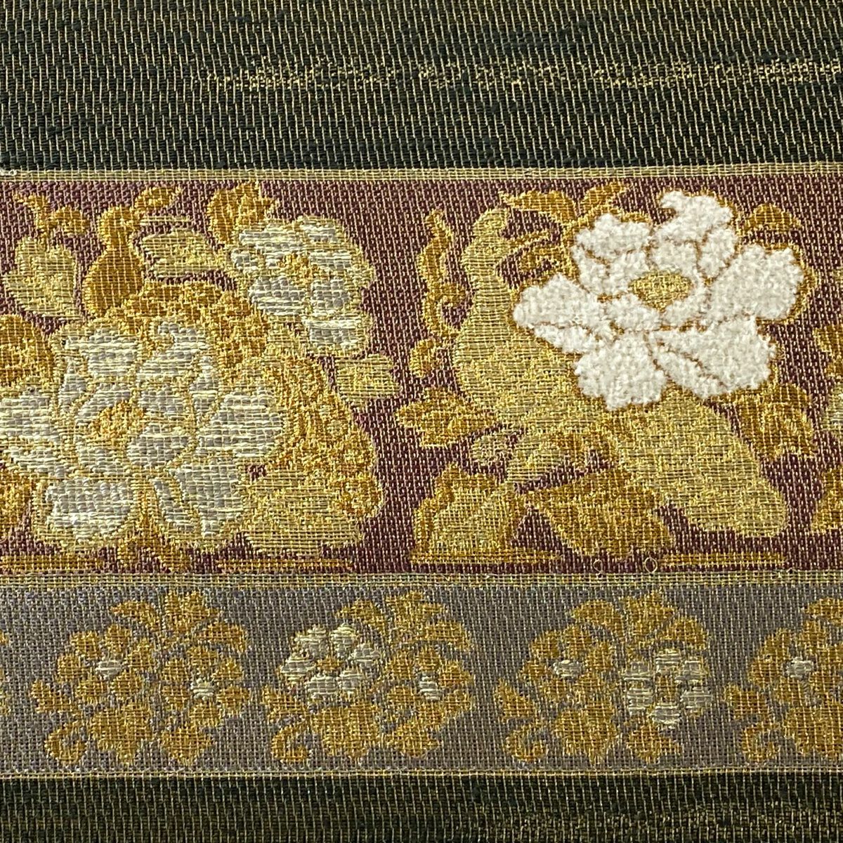 【庫存清倉】 【美品】 袋帶 名品級 花唐草紋 縞 金絲 茶綠 六通 純蠶絲