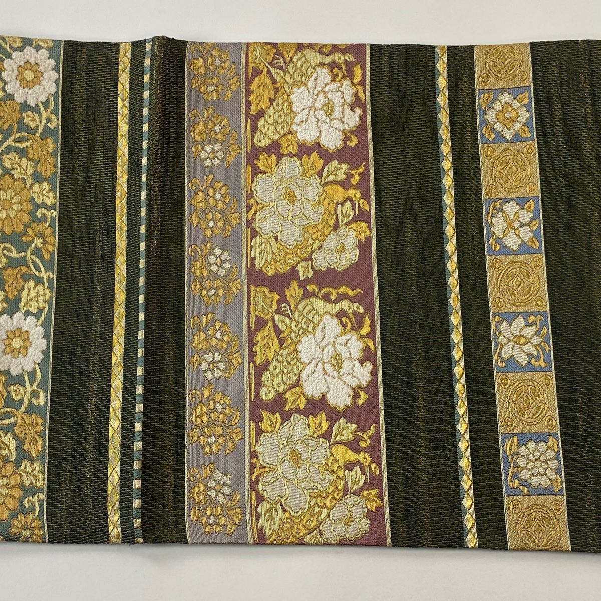 【庫存清倉】 【美品】 袋帶 名品級 花唐草紋 縞 金絲 茶綠 六通 純蠶絲