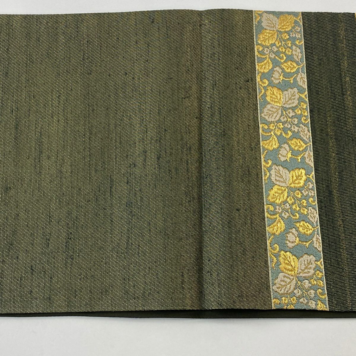 【庫存清倉】 【美品】 袋帶 名品級 花唐草紋 縞 金絲 茶綠 六通 純蠶絲