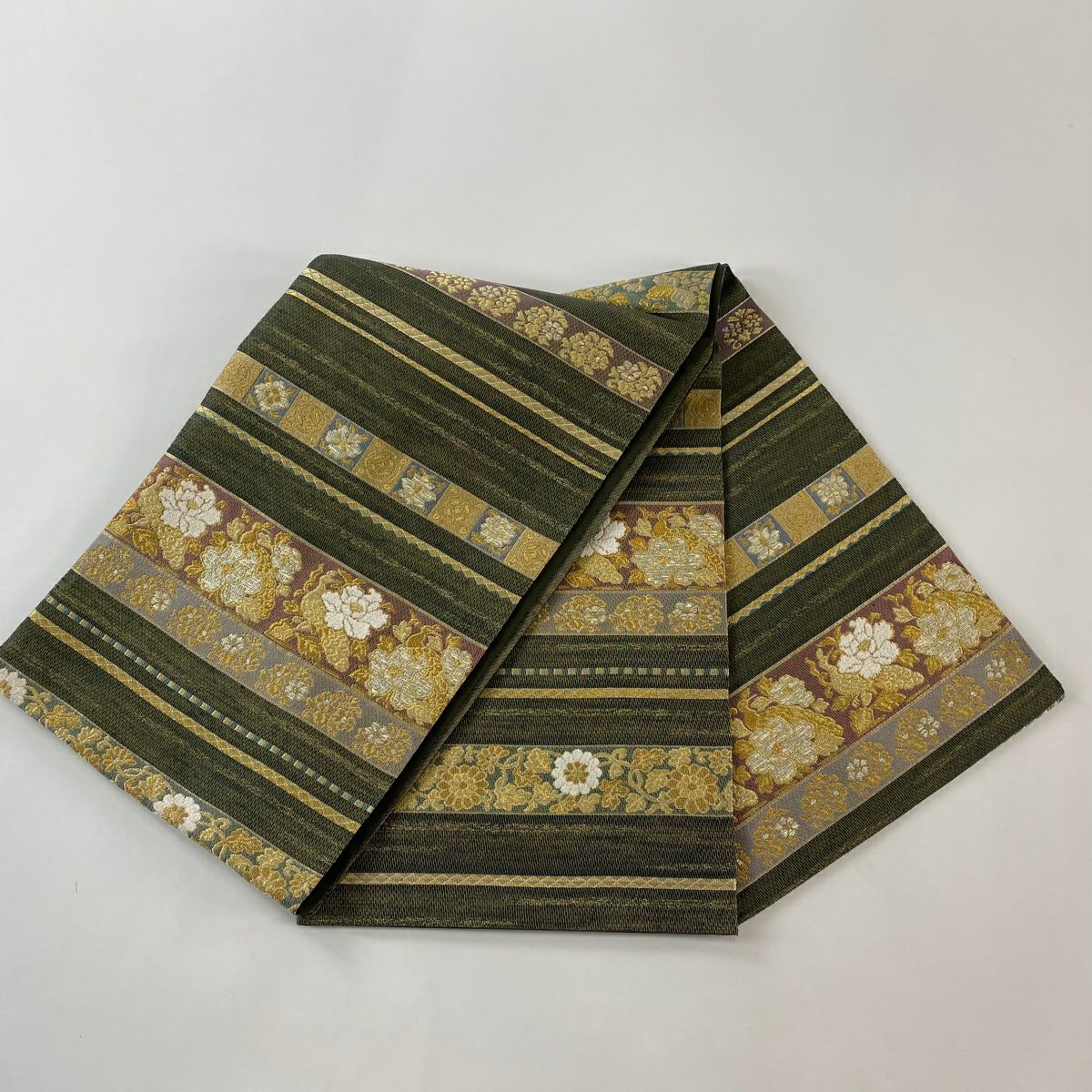 【庫存清倉】 【美品】 袋帶 名品級 花唐草紋 縞 金絲 茶綠 六通 純蠶絲