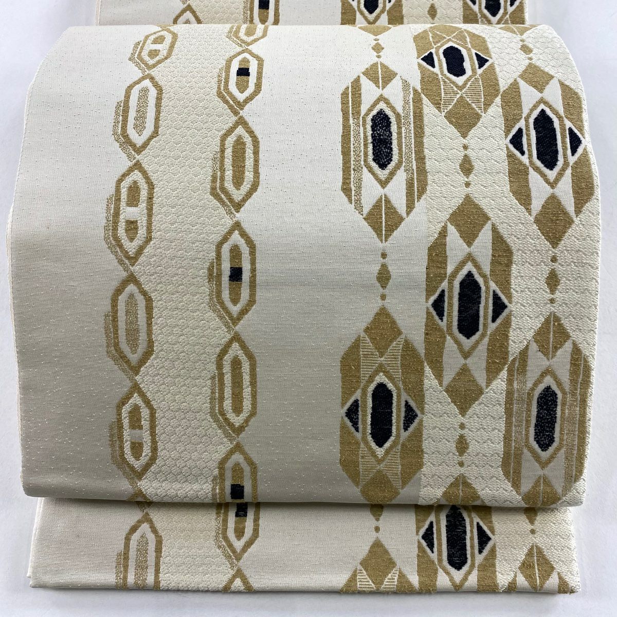 【庫存清倉】 【美品】 袋帶 名品級 龜甲 幾何圖案 奶油色 六通 純蠶絲