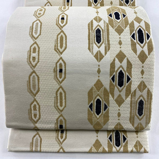 【庫存清倉】 【美品】 袋帶 名品級 龜甲 幾何圖案 奶油色 六通 純蠶絲