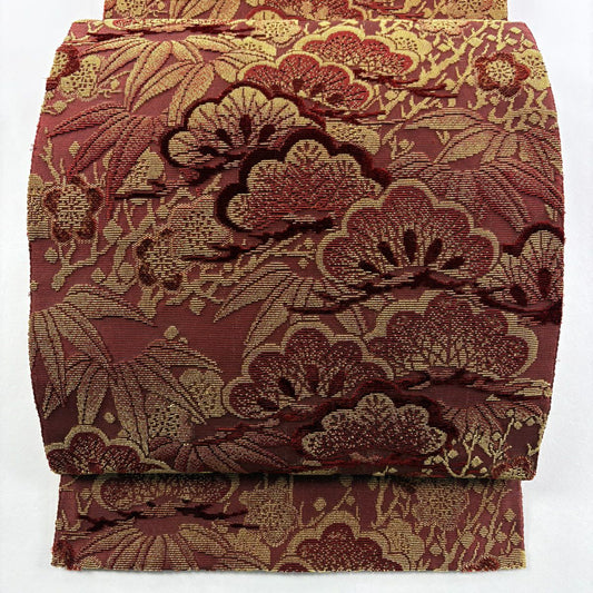 【庫存清倉】 袋帶 名品級 松樹竹子梅花 金絲 深紅色 大鼓圖案 純蠶絲