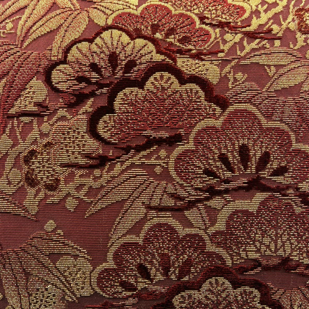 【庫存清倉】 袋帶 名品級 松樹竹子梅花 金絲 深紅色 大鼓圖案 純蠶絲