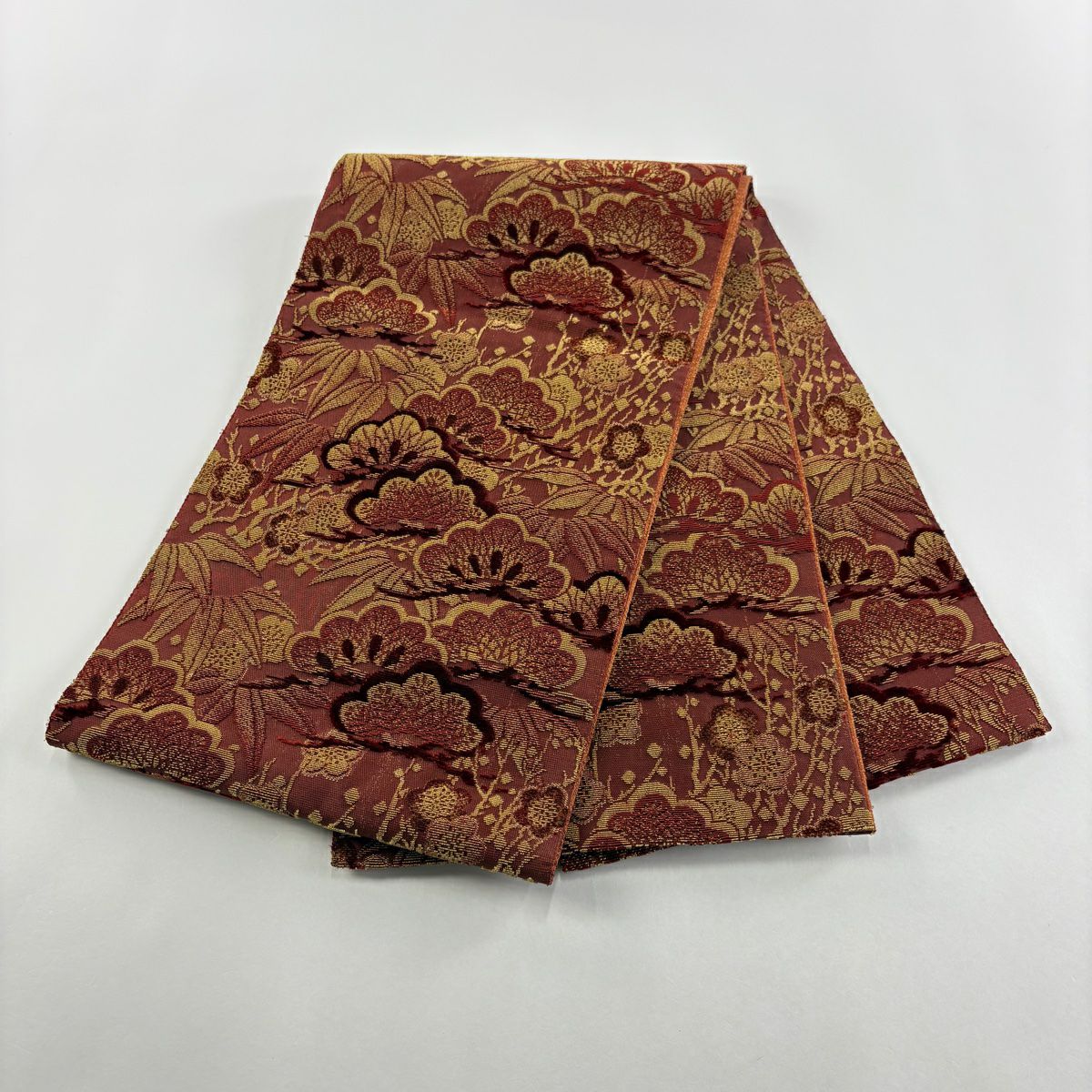 【庫存清倉】 袋帶 名品級 松樹竹子梅花 金絲 深紅色 大鼓圖案 純蠶絲