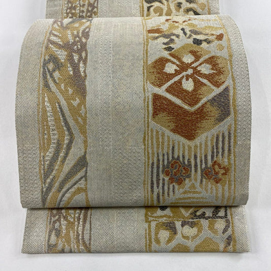 【庫存清倉】 【美品】 袋帶 名品級 草花紋 金銀彩 米色 六通 純蠶絲