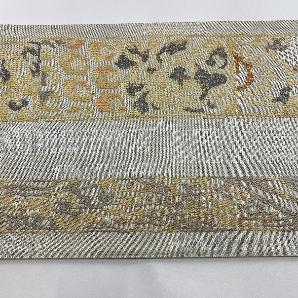 【庫存清倉】 【美品】 袋帶 名品級 草花紋 金銀彩 米色 六通 純蠶絲