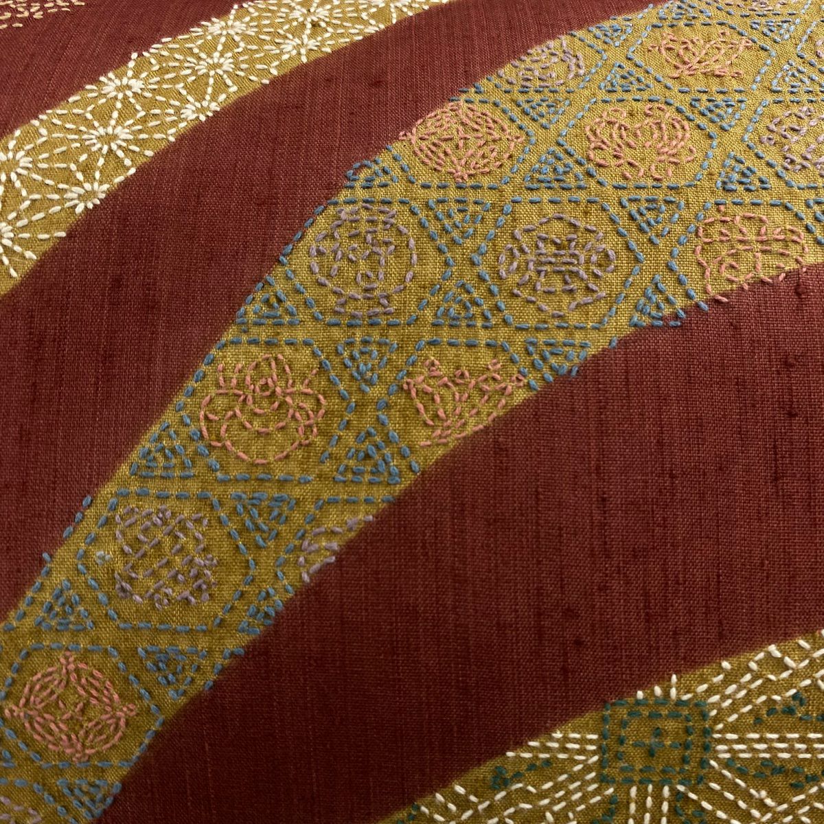 【庫存清倉】 袋帶 名品級 紬織織 麻葉 青海波 刺繡 玫瑰紅 純蠶絲