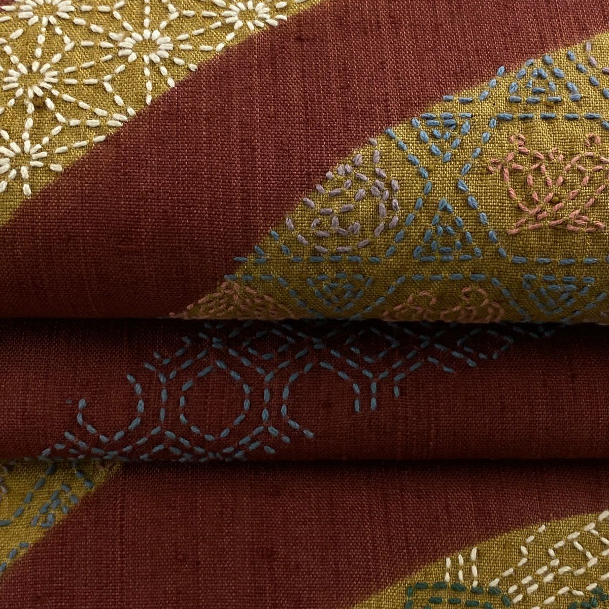 【庫存清倉】 袋帶 名品級 紬織織 麻葉 青海波 刺繡 玫瑰紅 純蠶絲