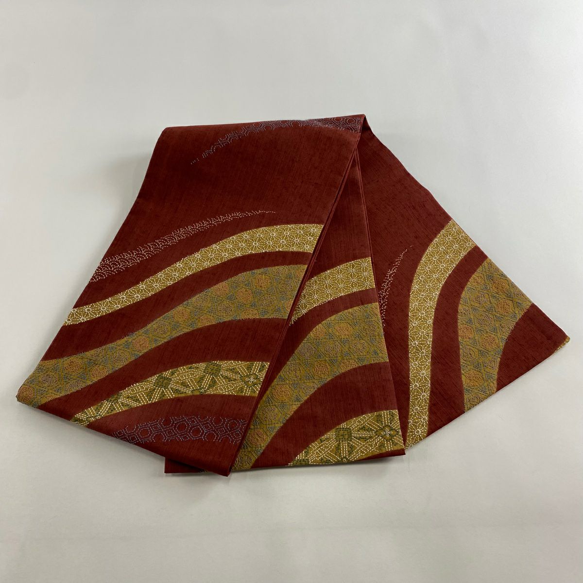 【庫存清倉】 袋帶 名品級 紬織織 麻葉 青海波 刺繡 玫瑰紅 純蠶絲