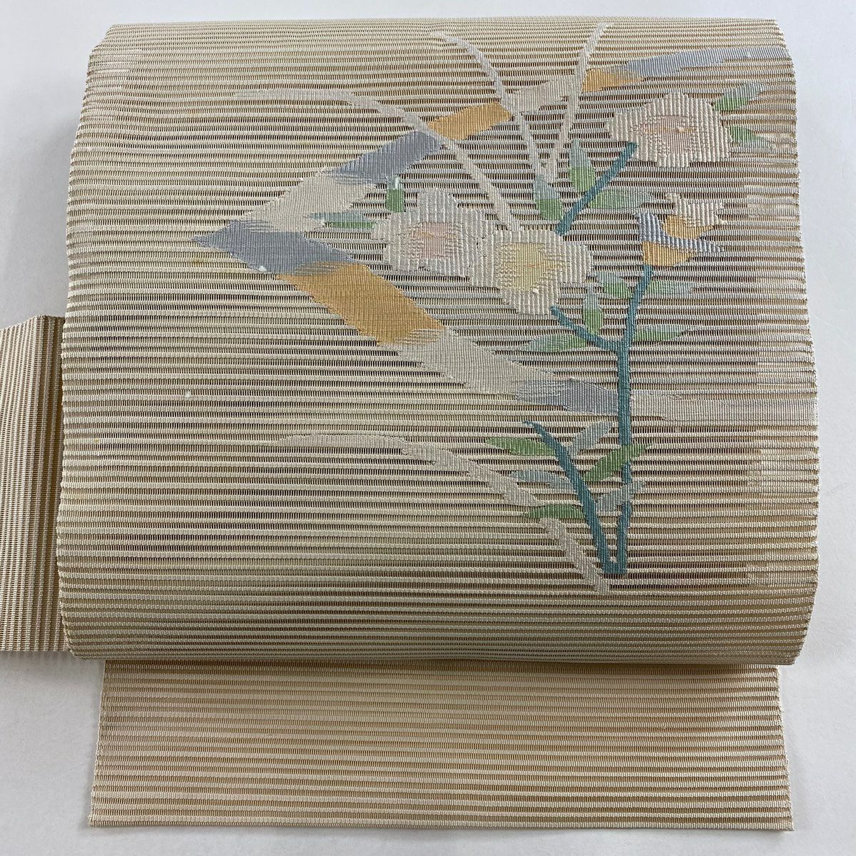 名古屋帶 名品級 夏帶 絽 草花紋 淺米色 純蠶絲