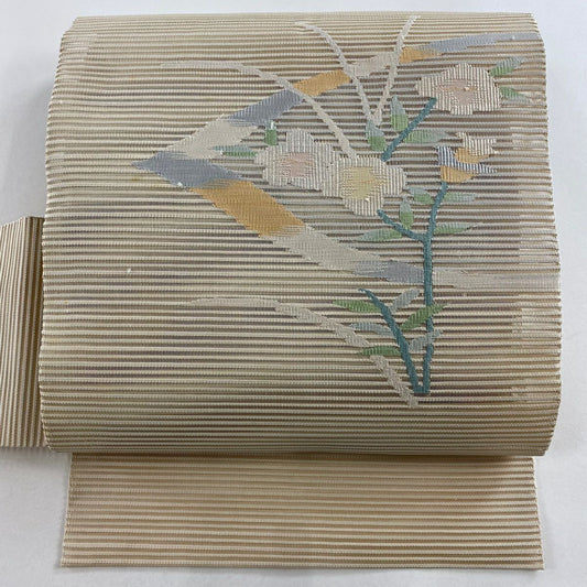 名古屋帶 名品級 夏帶 絽 草花紋 淺米色 純蠶絲