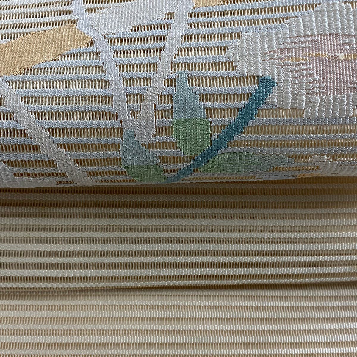 名古屋帶 名品級 夏帶 絽 草花紋 淺米色 純蠶絲