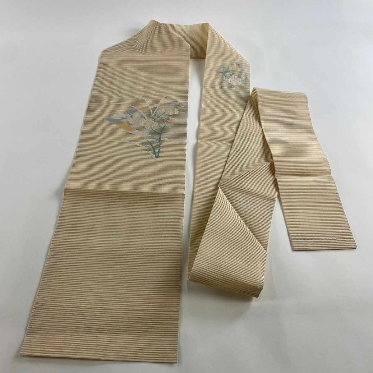 名古屋帶 名品級 夏帶 絽 草花紋 淺米色 純蠶絲