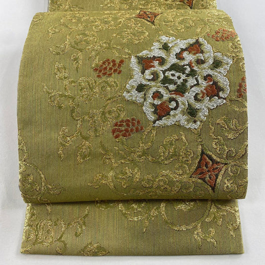 【庫存清倉】 【美品】 袋帶 名品級 華紋 花唐草紋 金金箔 抹茶 深綠 純蠶絲