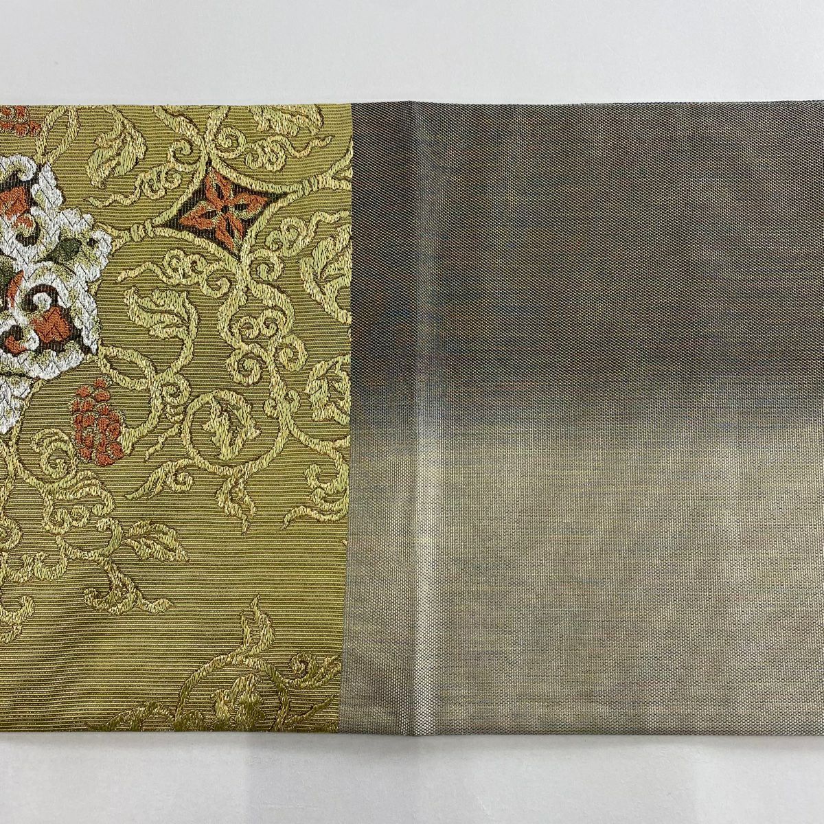 【庫存清倉】 【美品】 袋帶 名品級 華紋 花唐草紋 金金箔 抹茶 深綠 純蠶絲