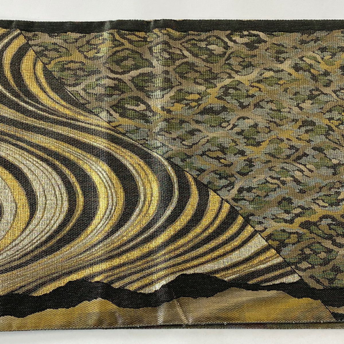 【庫存清倉】 【美品】 袋帶 名品級 條紋 幾何圖案 金絲 焦茶 全通 純蠶絲