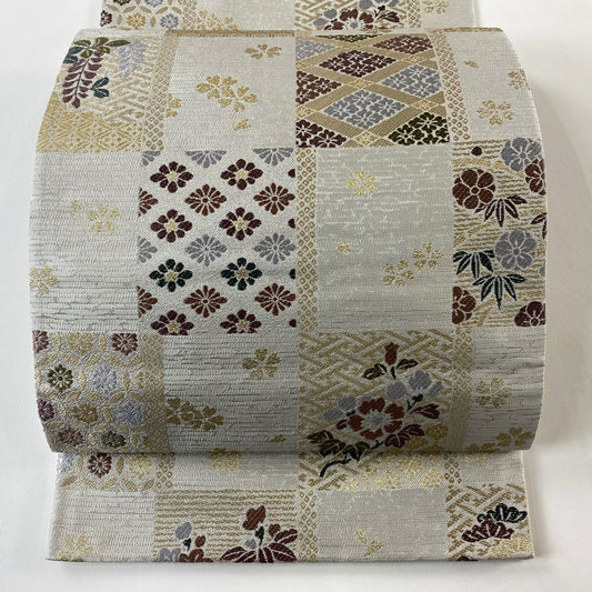 【庫存清倉】 【美品】 袋帶 名品級 松樹竹子梅花 花菱 金金箔 灰色 六通 純蠶絲