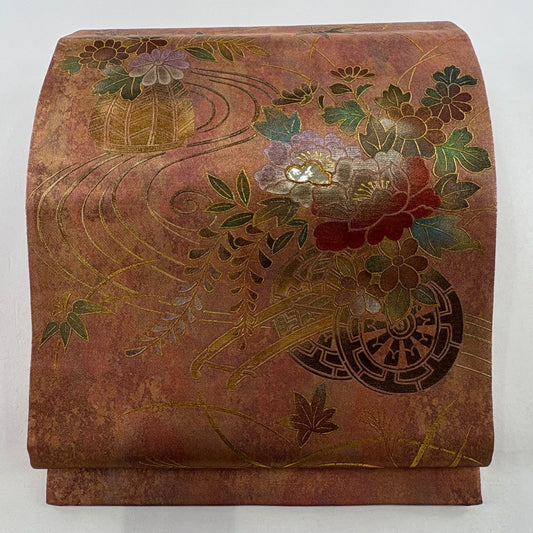 【庫存清倉】 袋帶 名品級 花車 花籠 螺鈿 金銀彩 橙色 大鼓圖案 純蠶絲