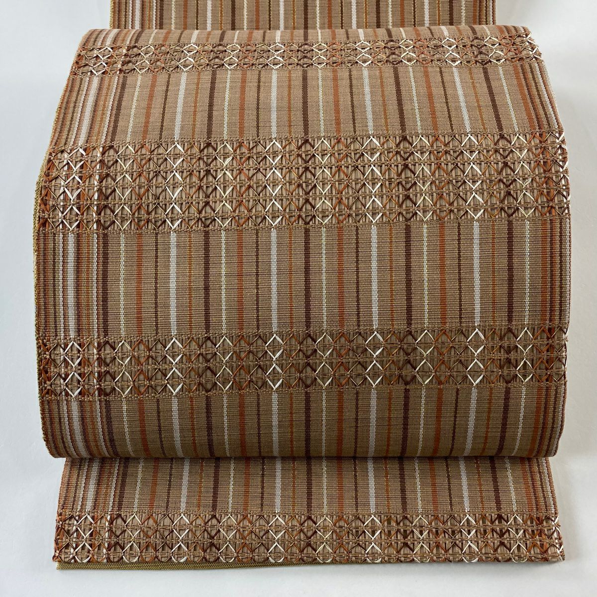【庫存清倉】 【美品】 袋帶 名品級 雙面 縞紋 金絲 淺豆色 大鼓圖案 純蠶絲
