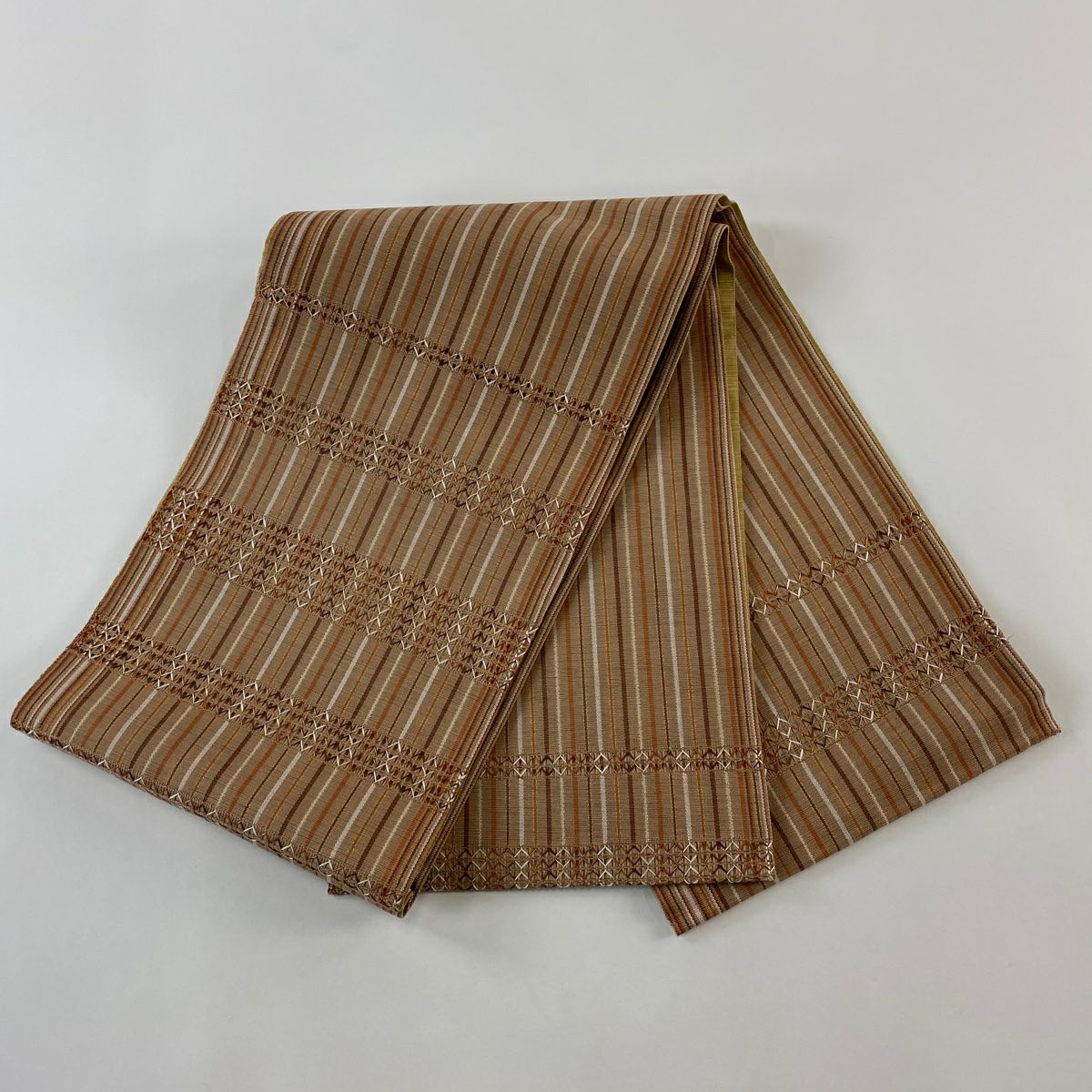 【庫存清倉】 【美品】 袋帶 名品級 雙面 縞紋 金絲 淺豆色 大鼓圖案 純蠶絲