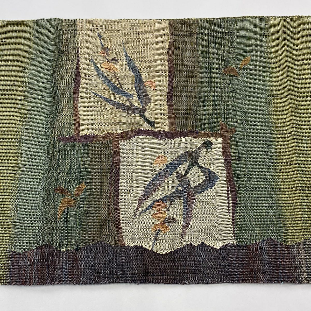 【庫存清倉】 【美品】 袋帶 名品級 紬織織 草花紋 灰綠 お太鼓圖案 純蠶絲