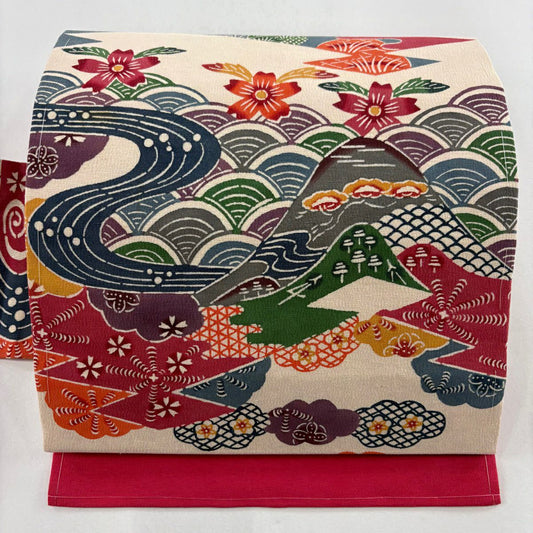【庫存清倉】 名古屋帶 名品級 花鳥 流水 米色 純蠶絲