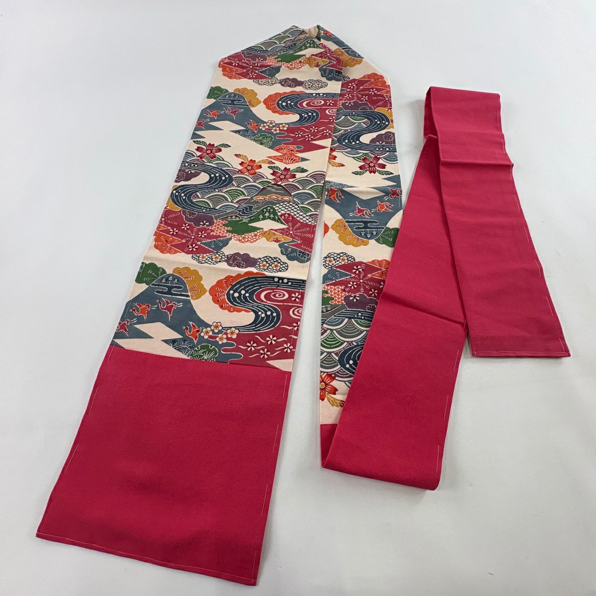 【庫存清倉】 名古屋帶 名品級 花鳥 流水 米色 純蠶絲