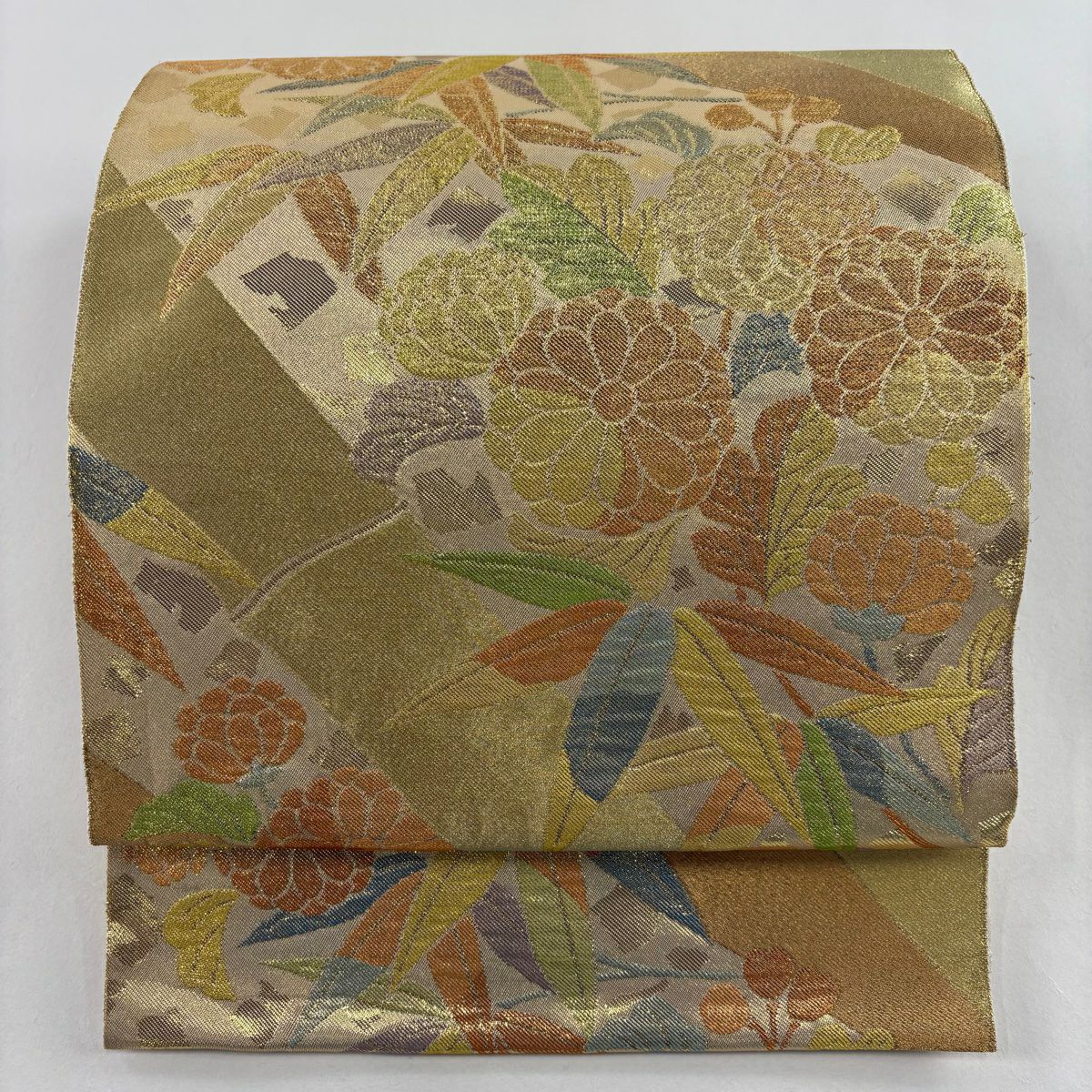 【庫存清倉】 袋帶 名品級 川島織物 有落款 菊花花 竹子葉 金絲 金金箔 金色 六通 純蠶絲