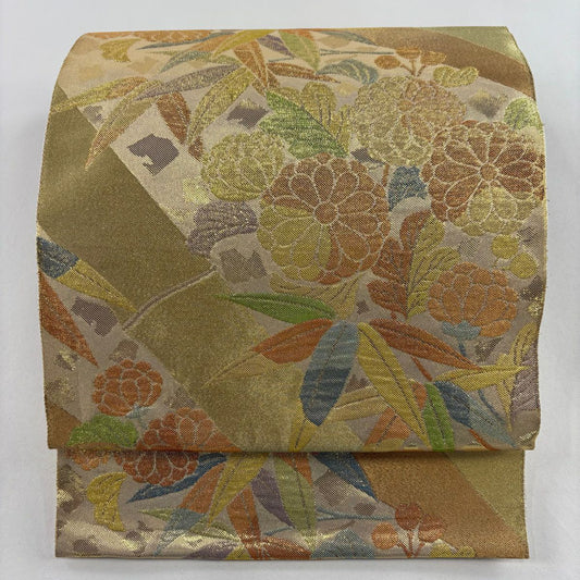 【庫存清倉】 袋帶 名品級 川島織物 有落款 菊花花 竹子葉 金絲 金金箔 金色 六通 純蠶絲