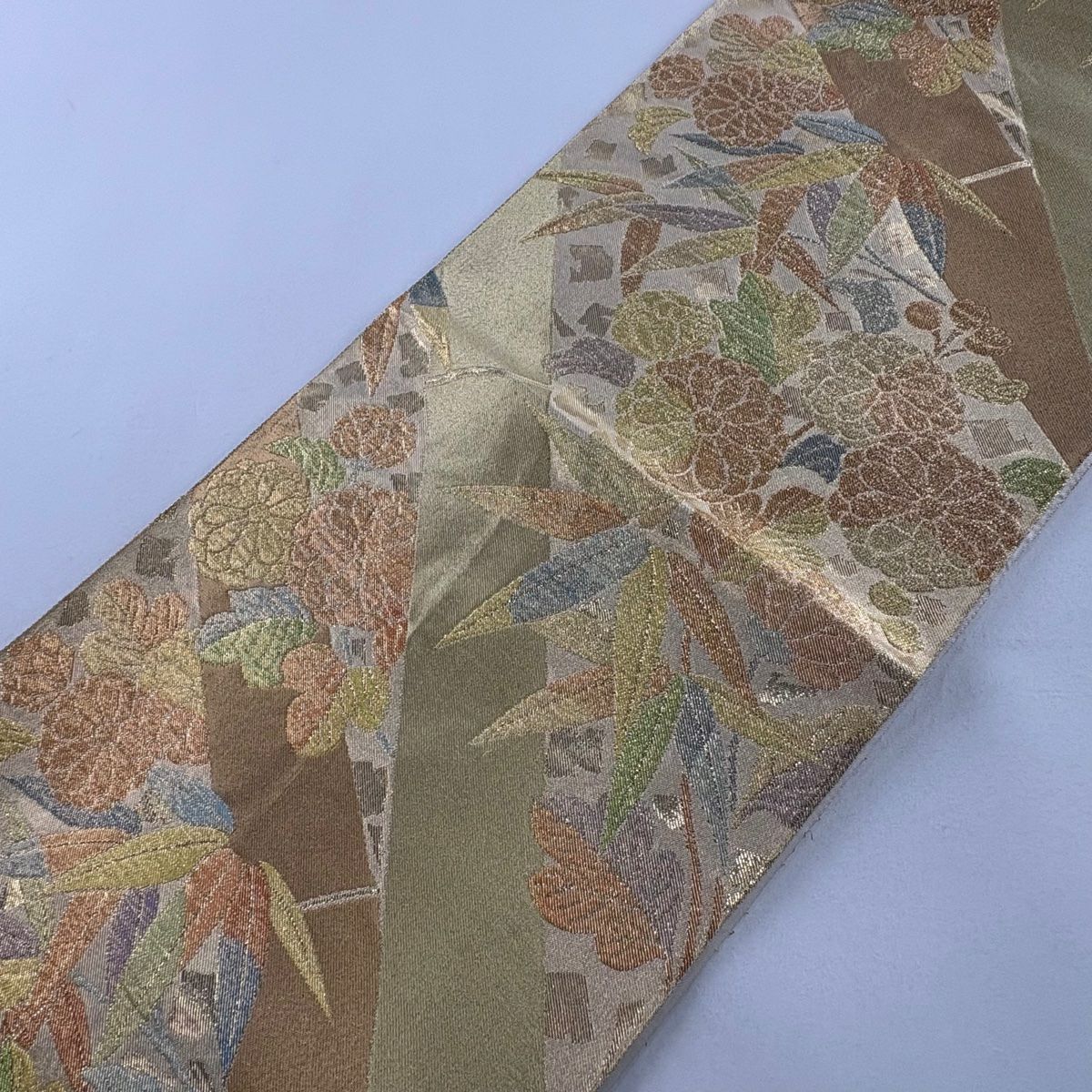 【庫存清倉】 袋帶 名品級 川島織物 有落款 菊花花 竹子葉 金絲 金金箔 金色 六通 純蠶絲