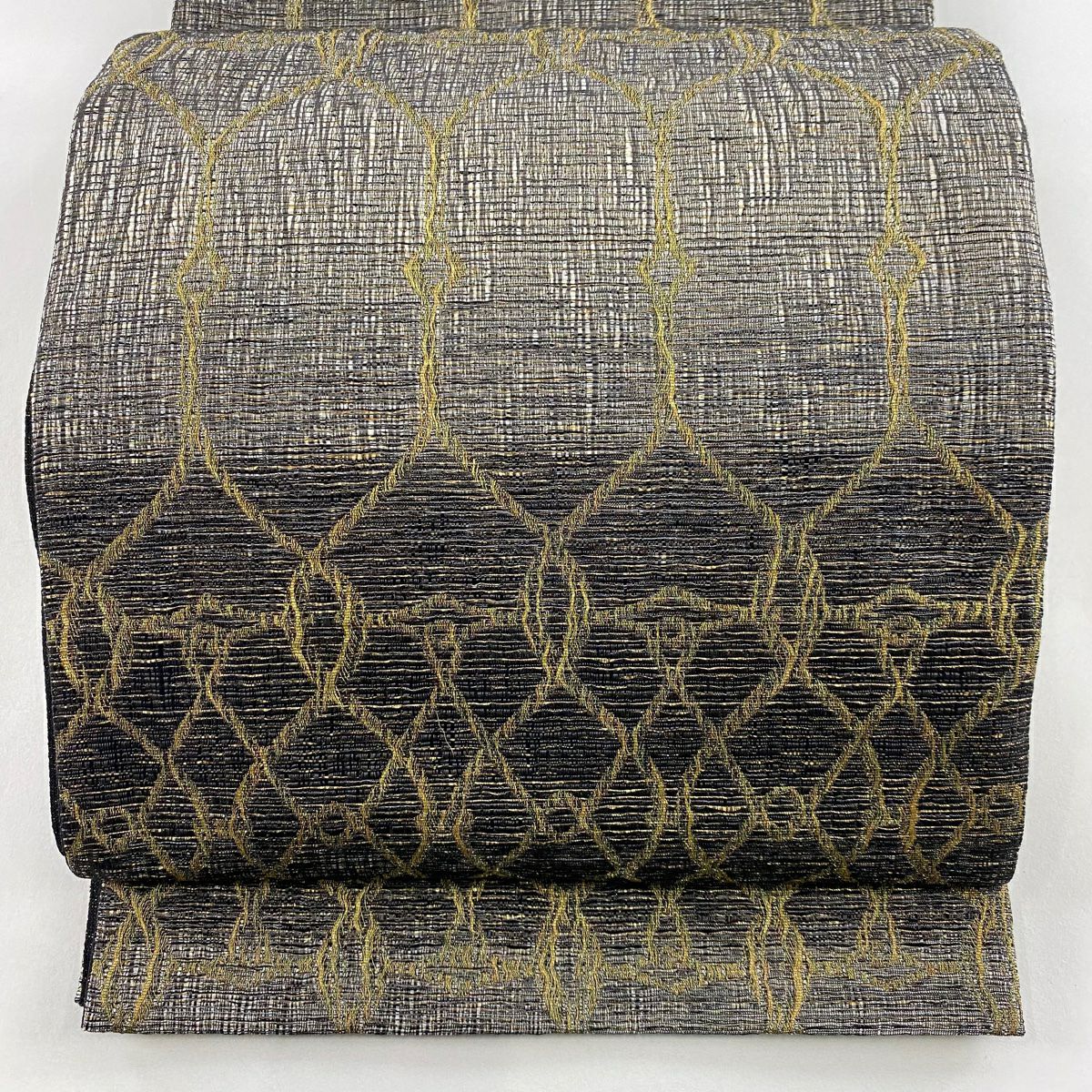 【庫存清倉】 【美品】 袋帶 名品級 幾何圖案 金絲 黑灰 全通 純蠶絲